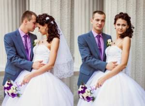 Bride and groom in lilac