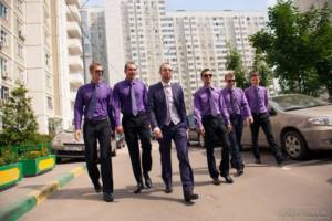 Groom with friends in lilac shirts