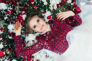 winter image of the bride, bride in a plaid shirt