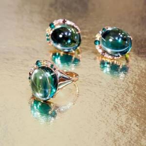 gold ring and earrings with tourmalines and cubic zirconia